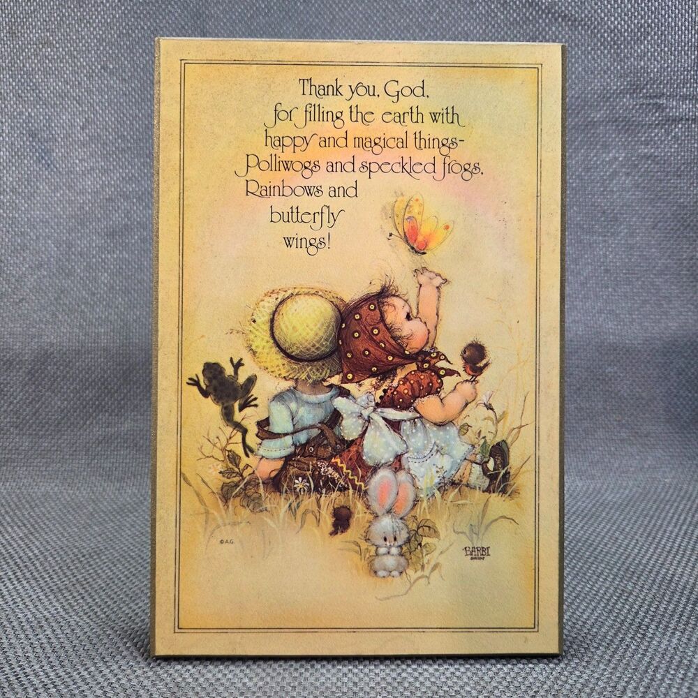 Vintage Barbi Sargent Wooden Plaque Thank You God Butterfly Frogs Wall Easel 5x7